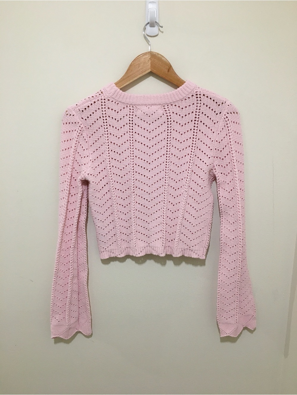 Light Pink Knit Cropped Eyelet Sweater, Size XS - Picture 4 of 5